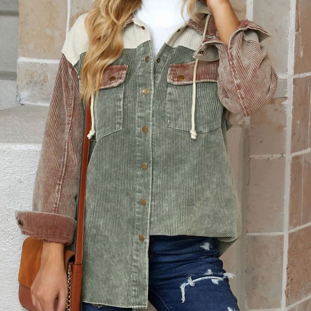 Snap Front Hooded Corduroy Shacket L EUC